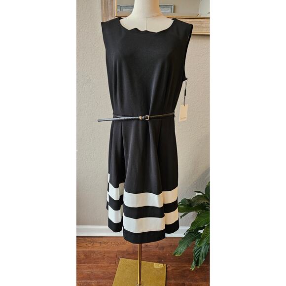 NWT Calvin Klein Belted Color Block Fit & Flare Dress Women Size 14 Black‎ White - Picture 2 of 8